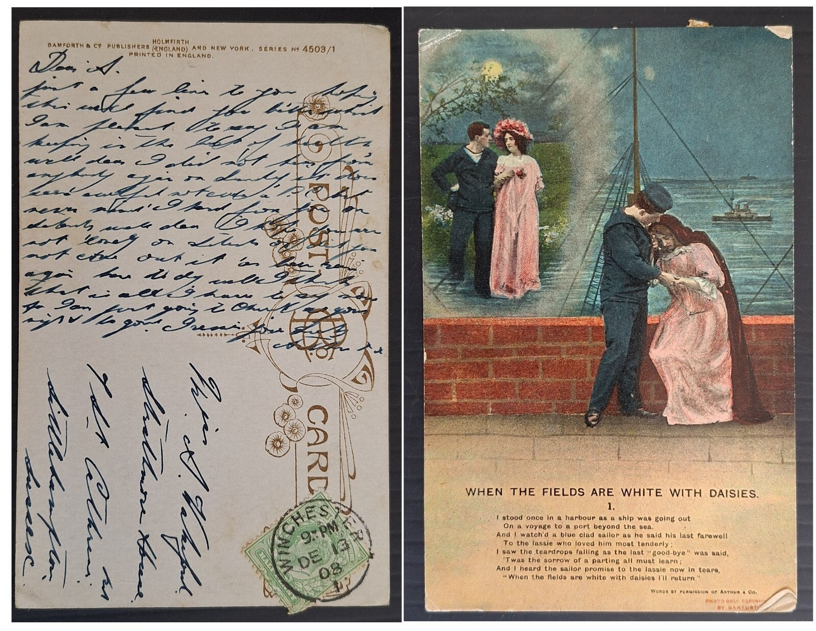 1908 Great Britain Postcard-White with Daisies 1 cd Winchester-Littlehampton