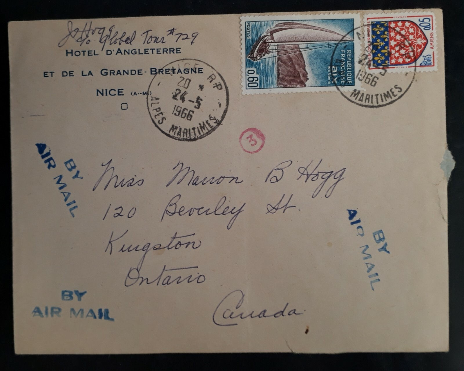 1966 France Hotel D 'Angleterre Cover ties 2 stamps cancelled Nice