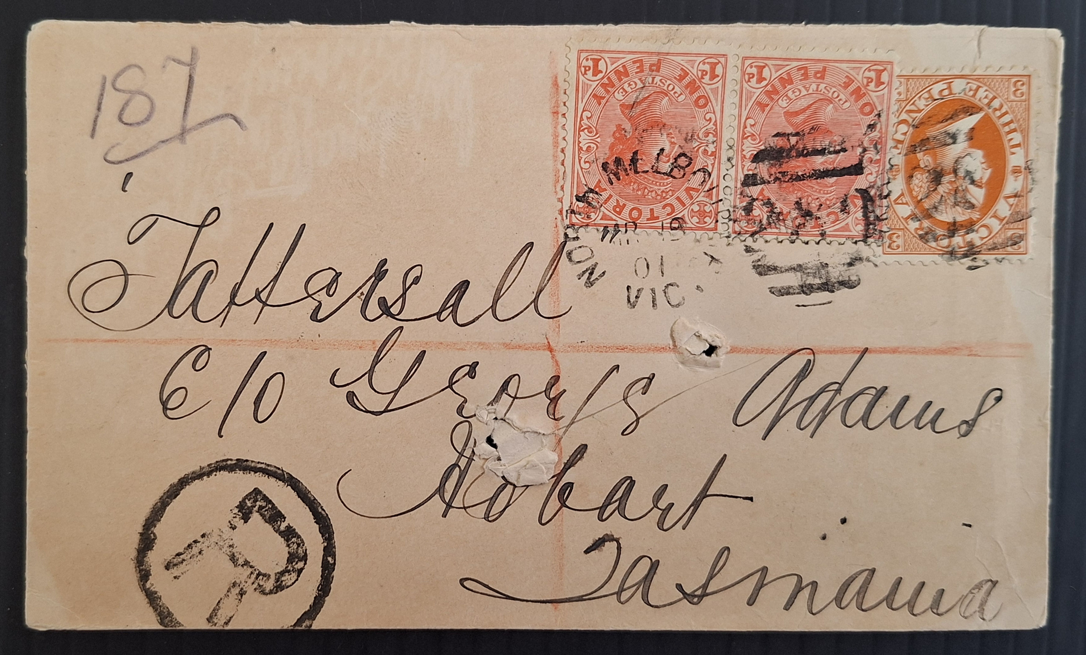 1901 Victoria Australia Reg Cover ties 3 stamps NORTH MELBOURNE-HOBART