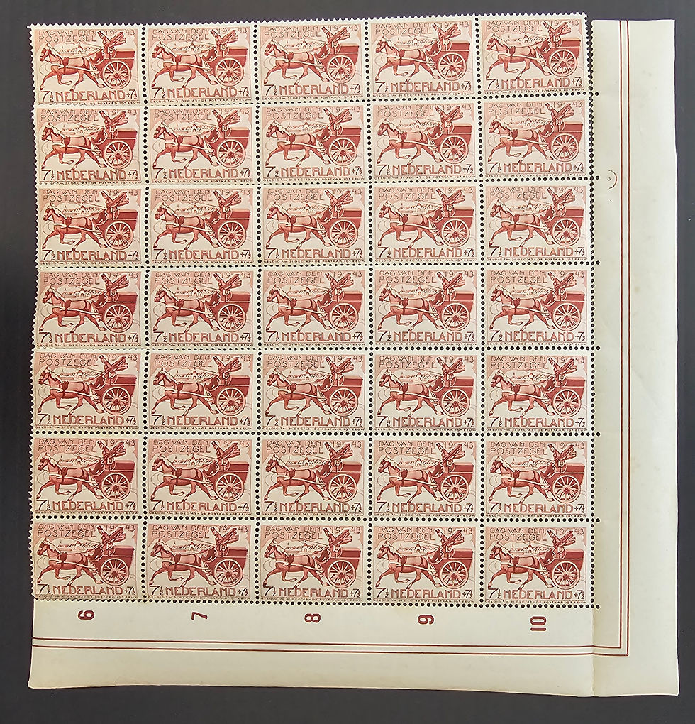 1943 Netherlands Block of 35 7.5+7.5c Mail Cart stamps in Corner Pos