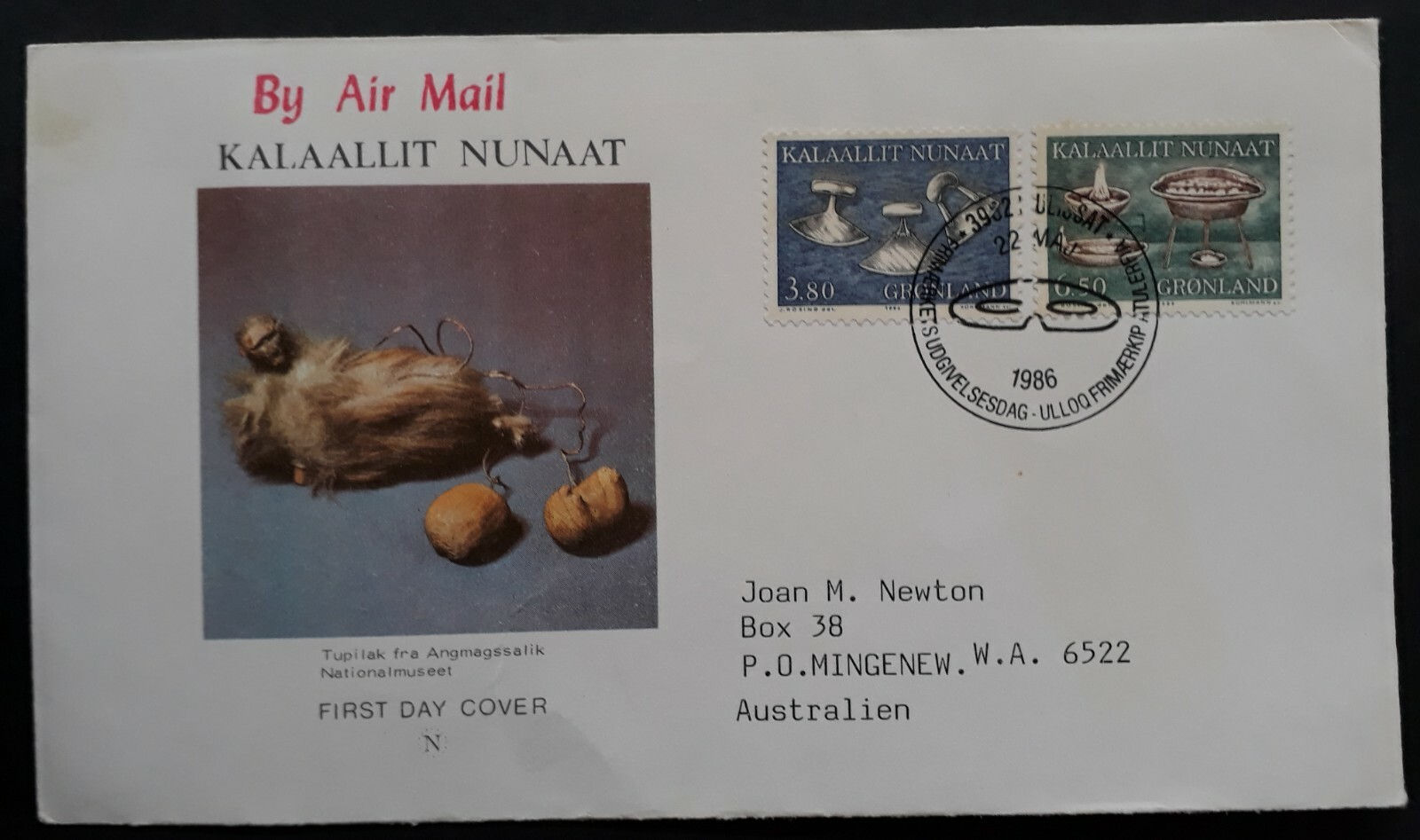 1986 Greenland Old Utilities FDC ties 2 stamps cd Ilulissat to Mingenew