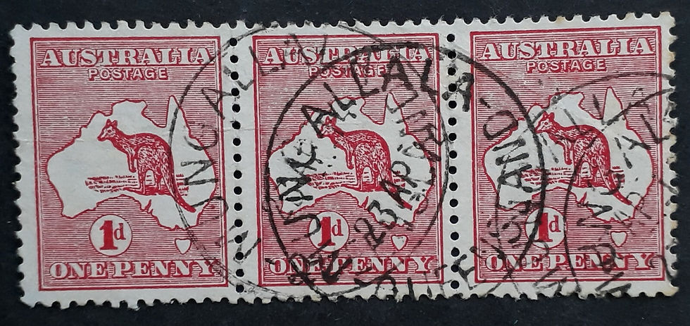 1914 Australia Strip 3X1d red Kangaroo Stamps Die 2 MUNGALLALA QUEENSLAND PMK