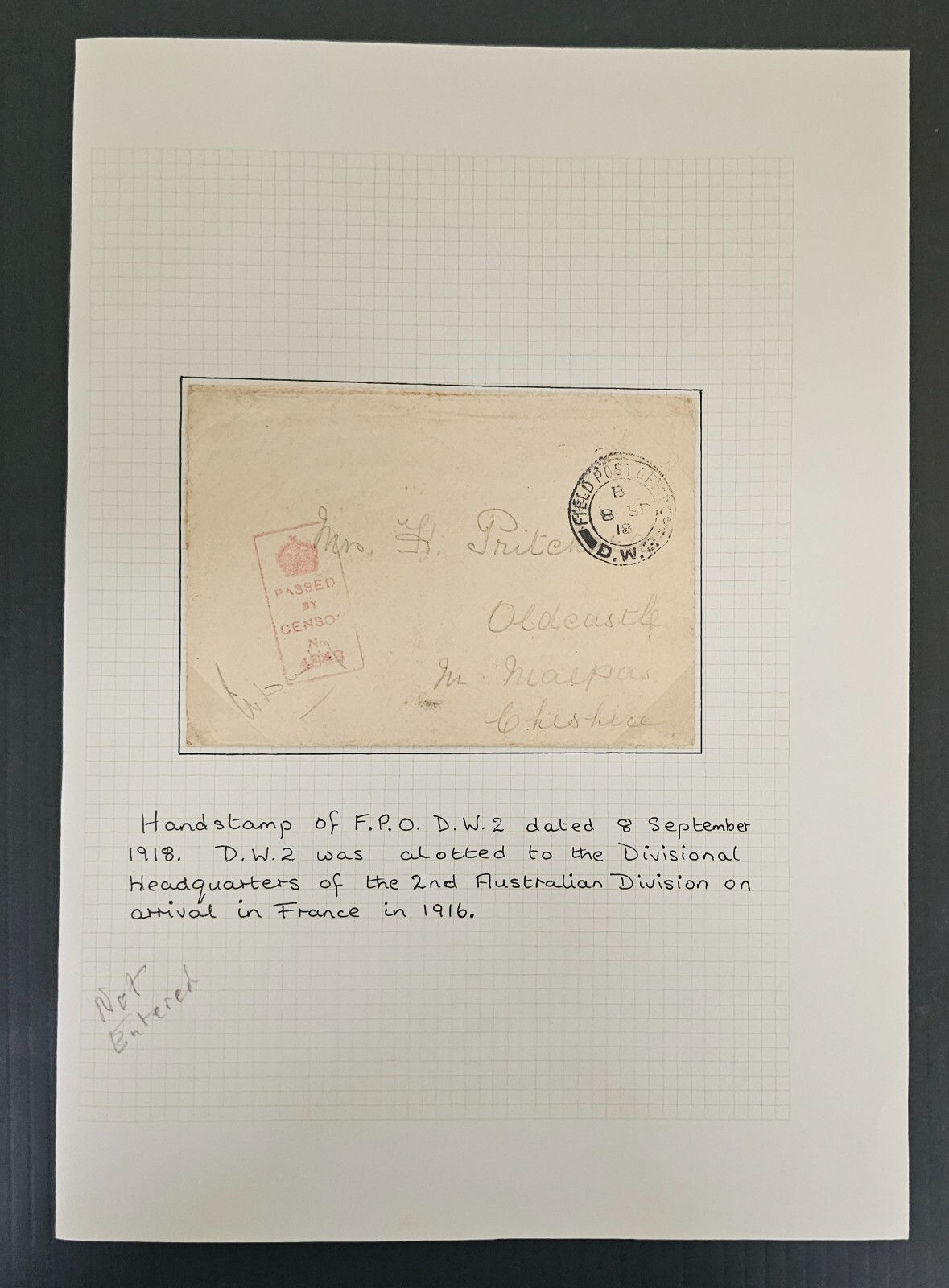 1918 Australia Censor Cover cd Field Post Office DW2-Oldcastle w Letter