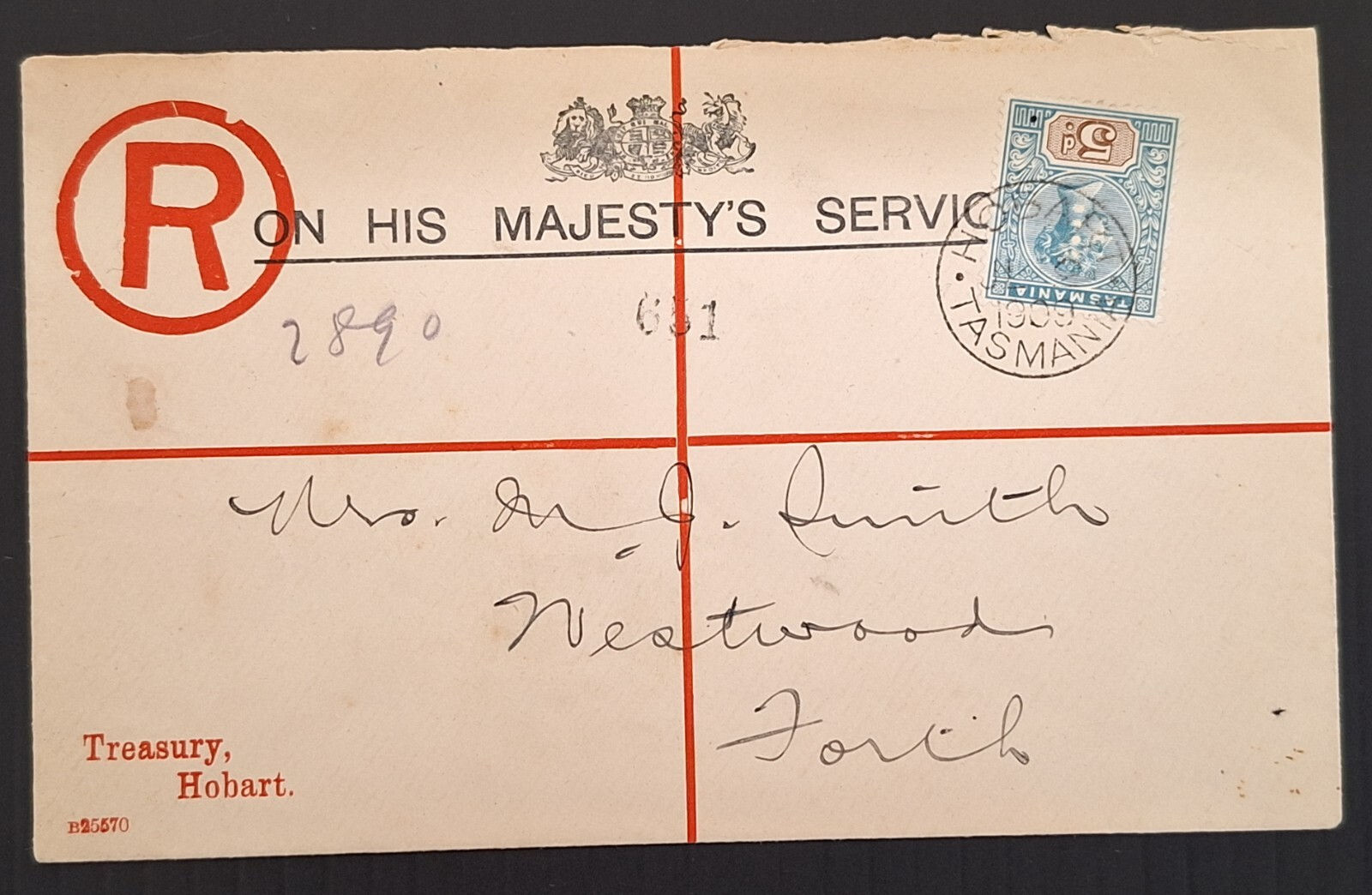 1909 Tasmania Australia OHMS Registered Letter Treasury Dept Hobart to Forth