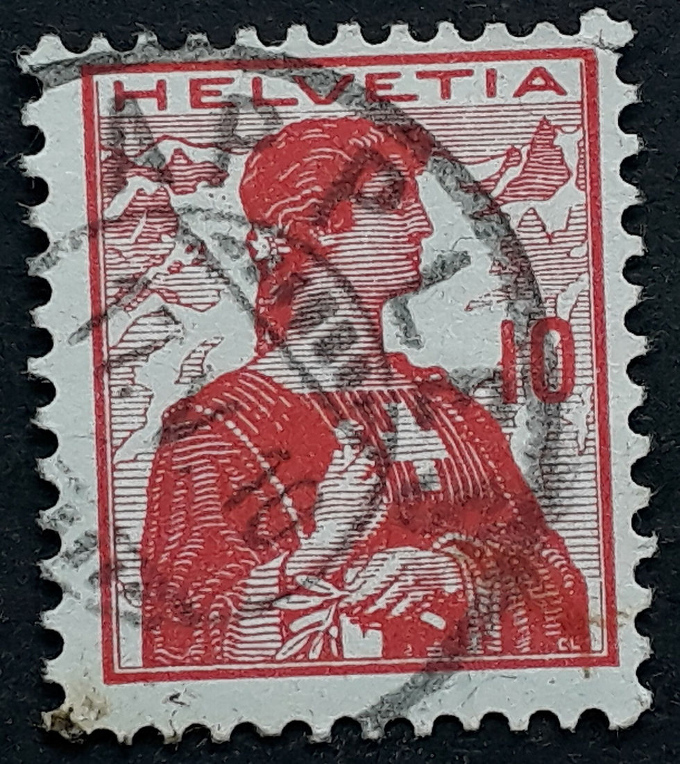 1910 Switzerland 10C Dark red Helvetia stamp with Apples cancel.