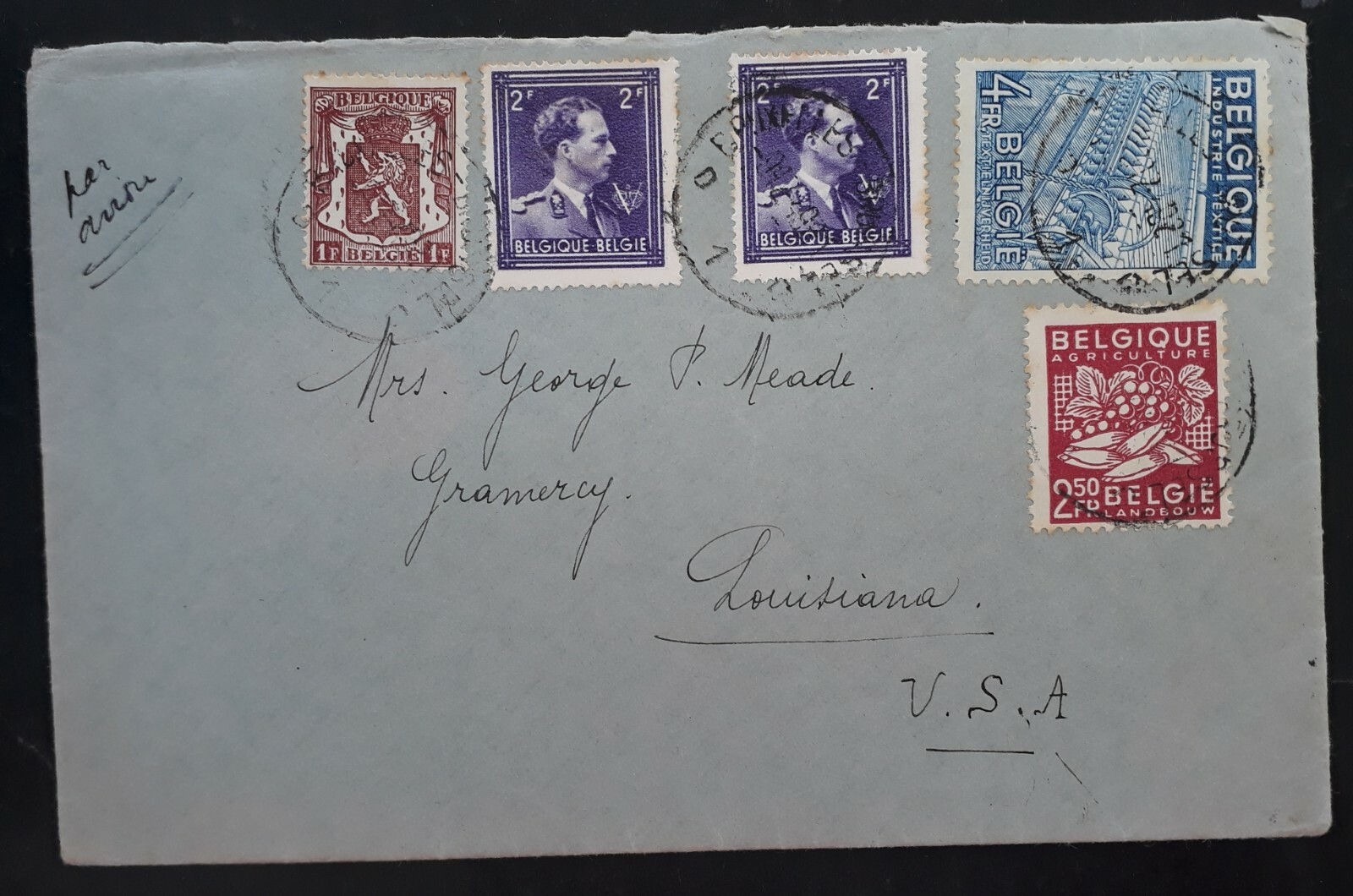 1949 Belgium Airmail Cover ties 5 stamps cancelled Brussels to USA