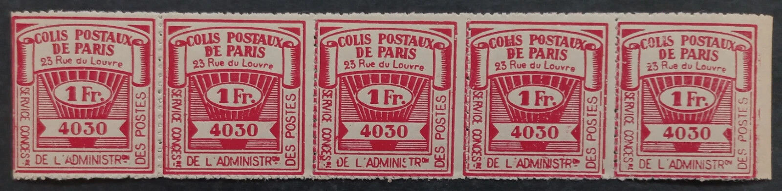 RARE Undated France strip of red 5 x 1Fr Paris Parcel Post stamps MUH