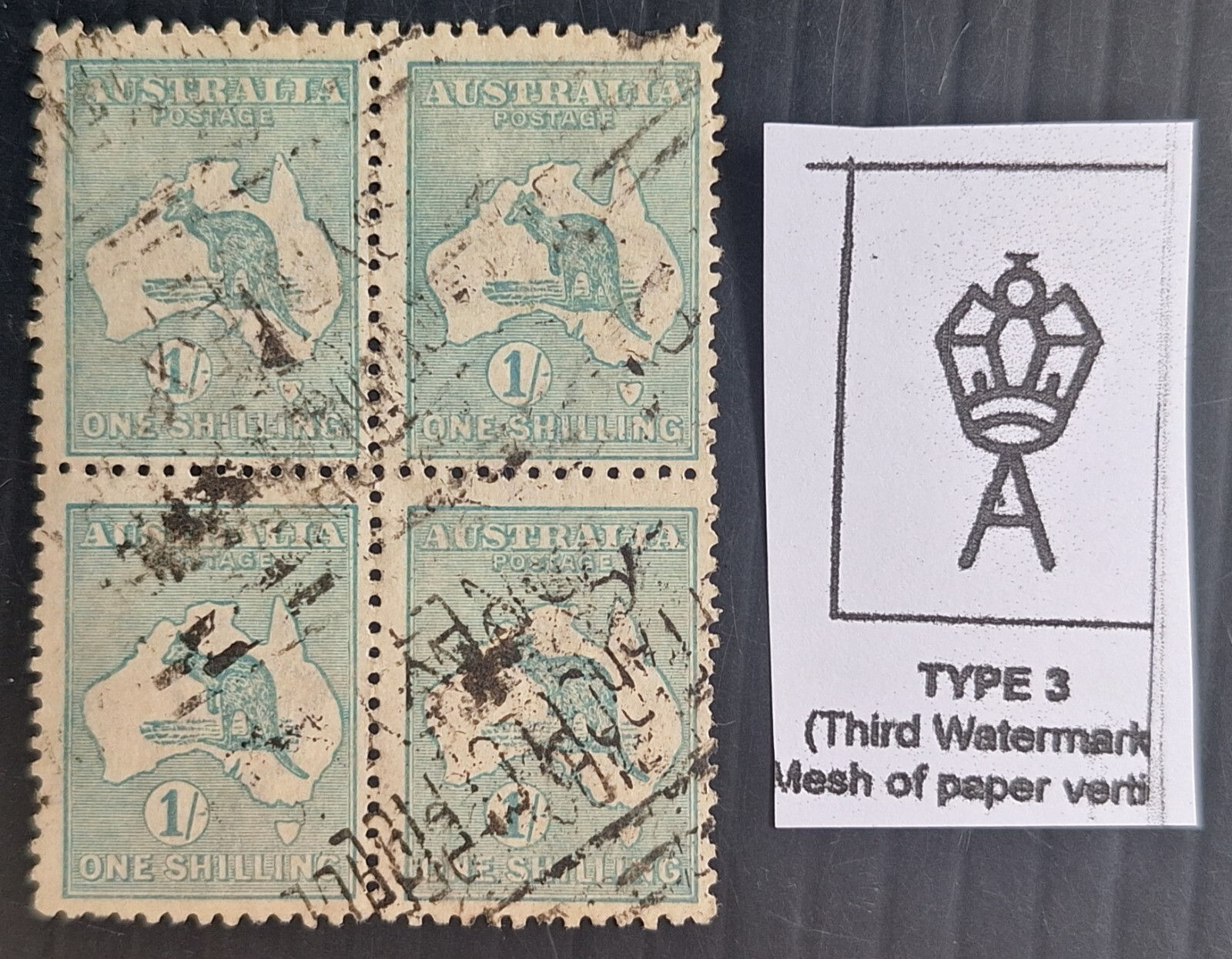 1916 Australia Blk 4x1/- Blue Green Kangaroo stamps 3rd WMK Die 2  Used