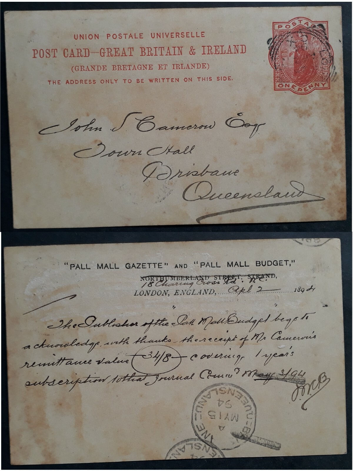 1894 Great Britain + Ireland 1d Stamped Postcard cd London to Brisbane