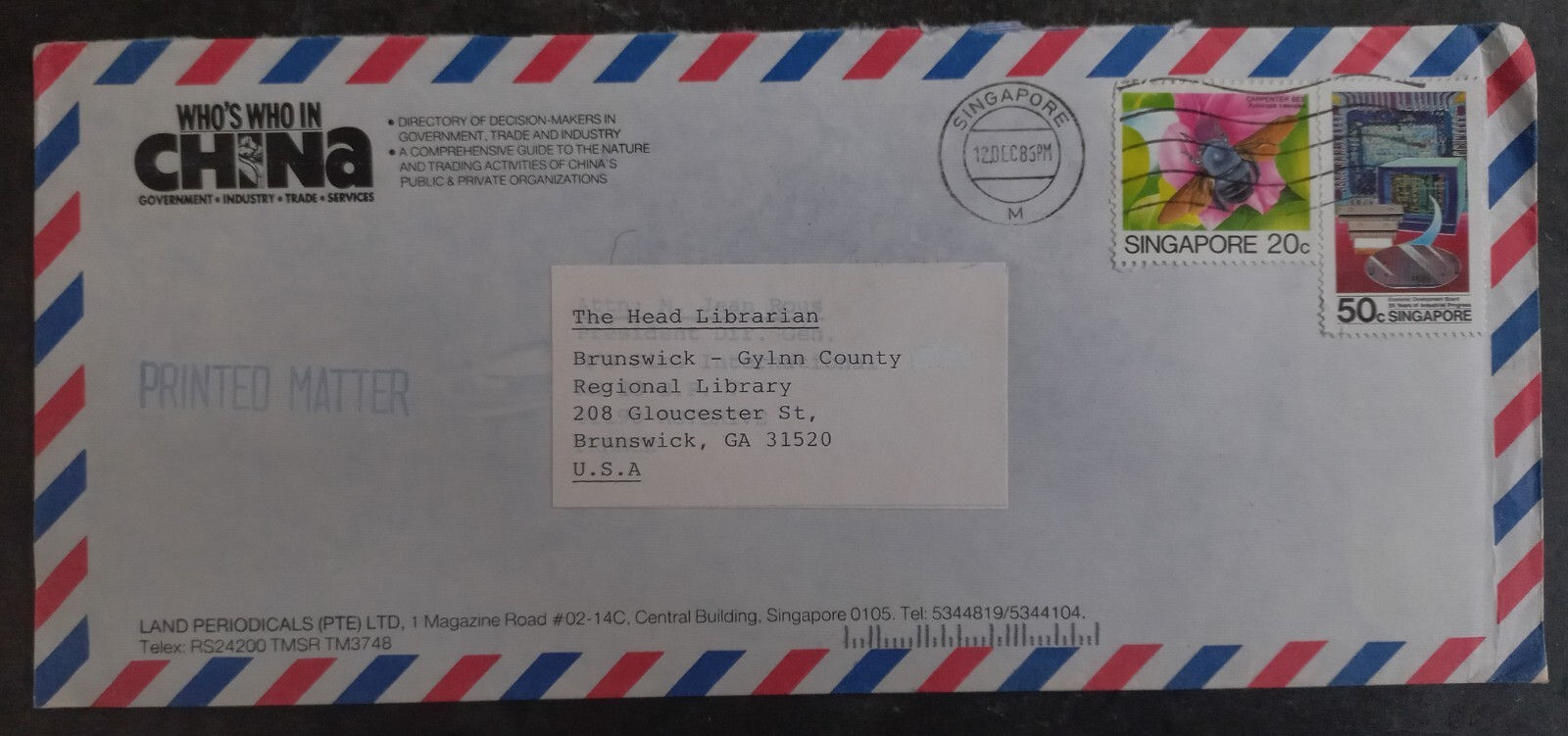 1986 Singapore Airmail Cover ties 3 Stamps cd Singapore-Brunswick