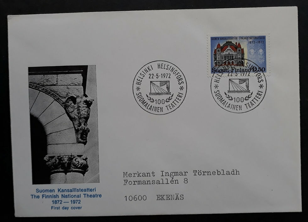 1972 Finland National Theatre FDC ties 0.5Mk stamp cd Helsinki to Ekenas