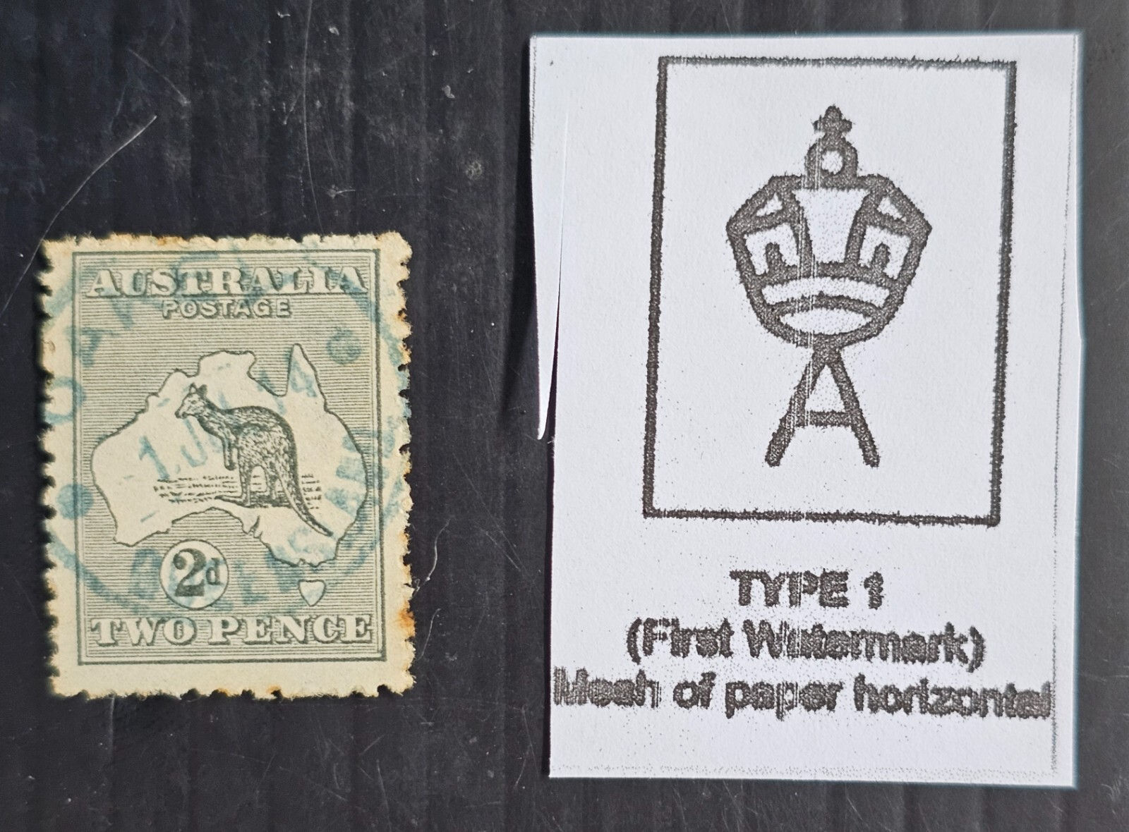 1914 Australia 2d Grey Kangaroo stamps 1st WMK used Blue OAKEY QUEENSLAND PMK