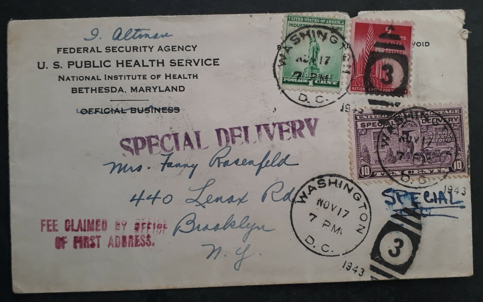 1943 United States Health Service Special Delivery Cover 3 Stamps cd Washington