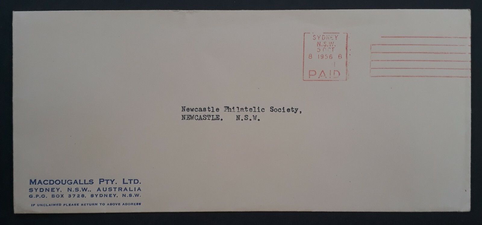 1956 Australia Commercial PAID Cover MACDOUGALLS PTY LTD SYDNEY