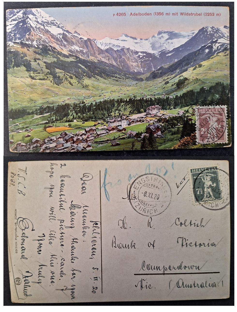 1920 Switzerland Postcard-Adelboden ties 2 Stamps cd Zurich-Camperdown