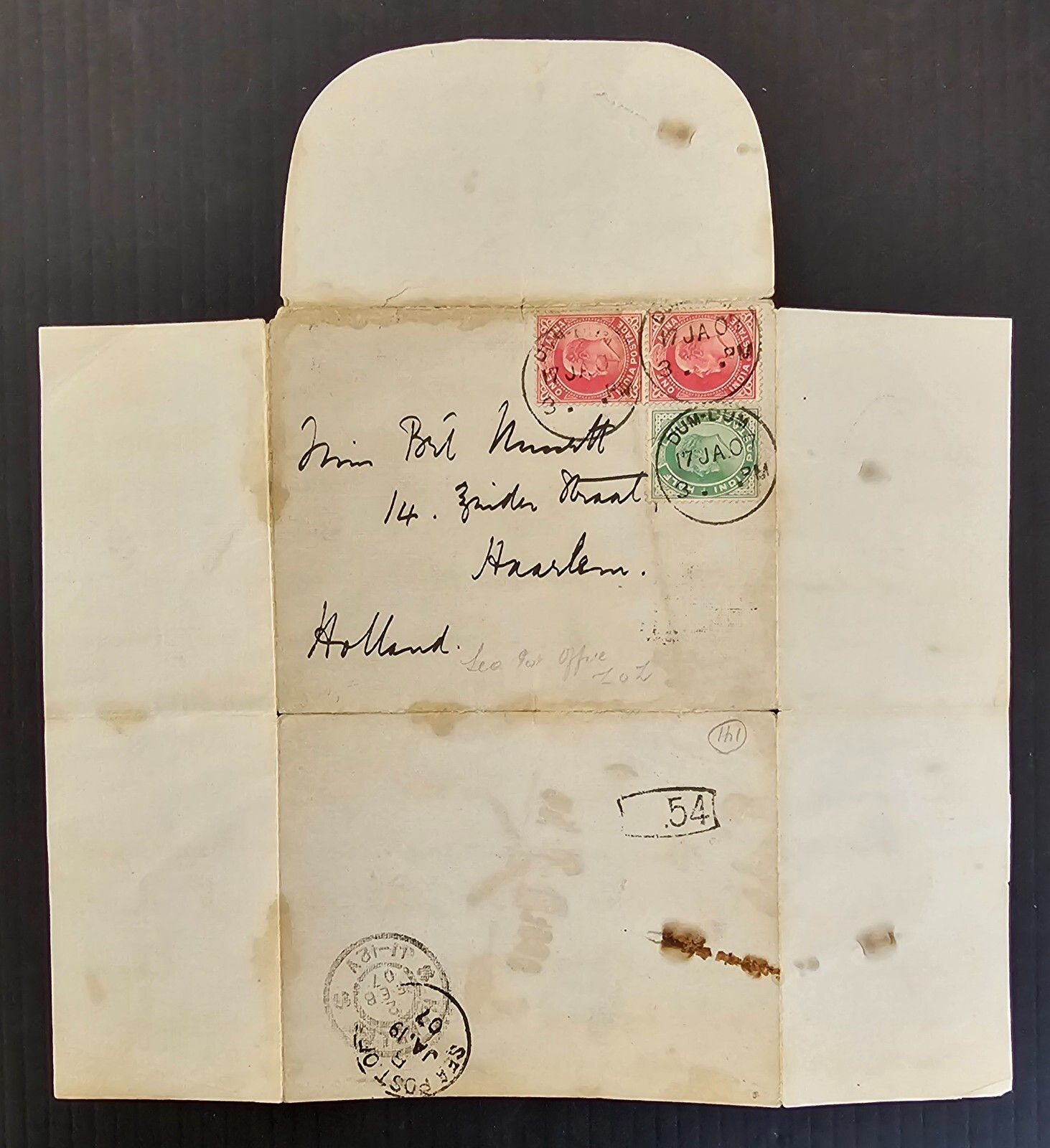 1907 India Folded Sea Post Cover ties 3 stamps cd Dum Dum-Haarlem