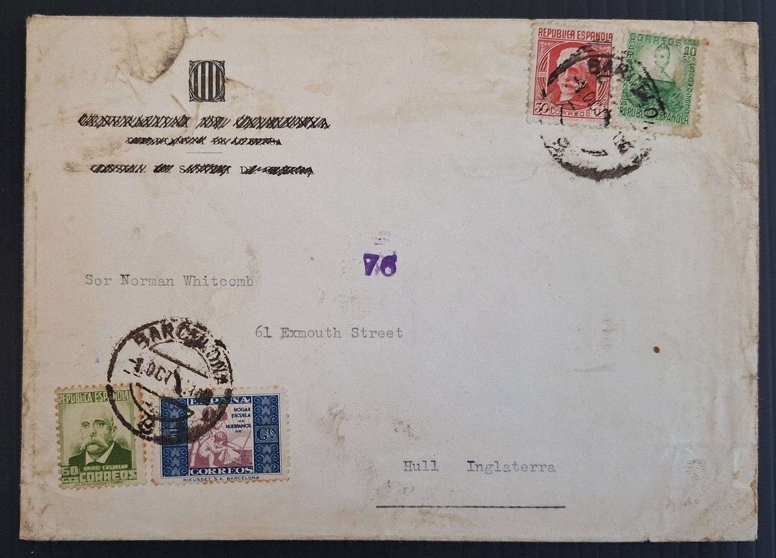 1941 Spain Censor Cover ties 4 Stamps cd Bercelona-Hull