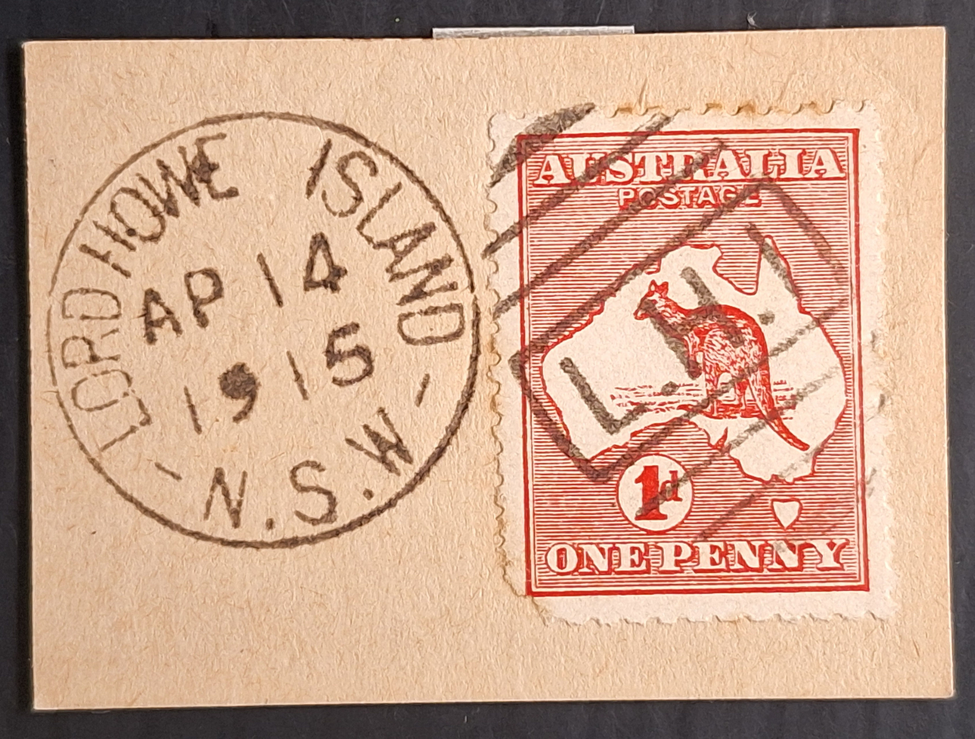 1915 Australia 1d red Kangaroo stamp Die 2A on piece LORD HOWE ISLAND NSW PMK