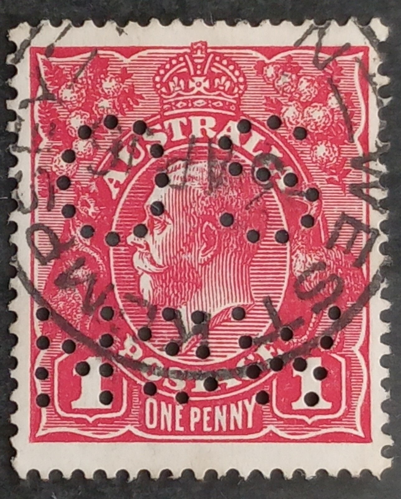 1916 Australia 1d Carmine red KGV stamp OS NSW Perfin WEST KEMPSEY NSW PMK