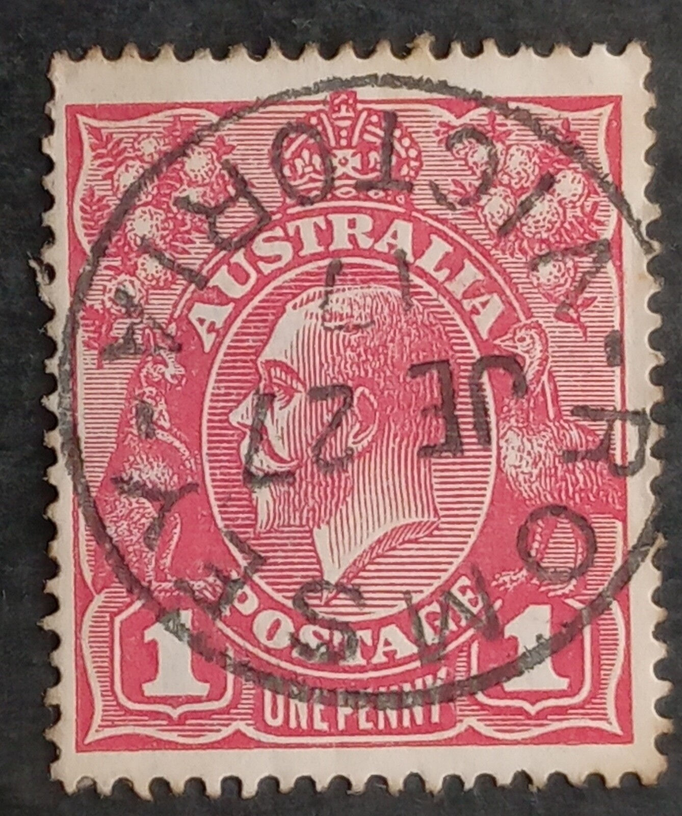 1917 Australia 1d Carmine red KGV stamp ROMSEY VICTORIA JE 27 17 PMK