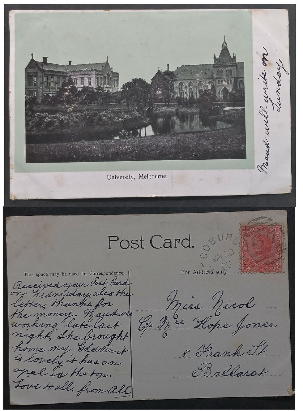 1906 Australia Victoria Postcard-University ties 1d Stamp cd Coburg-Ballarat