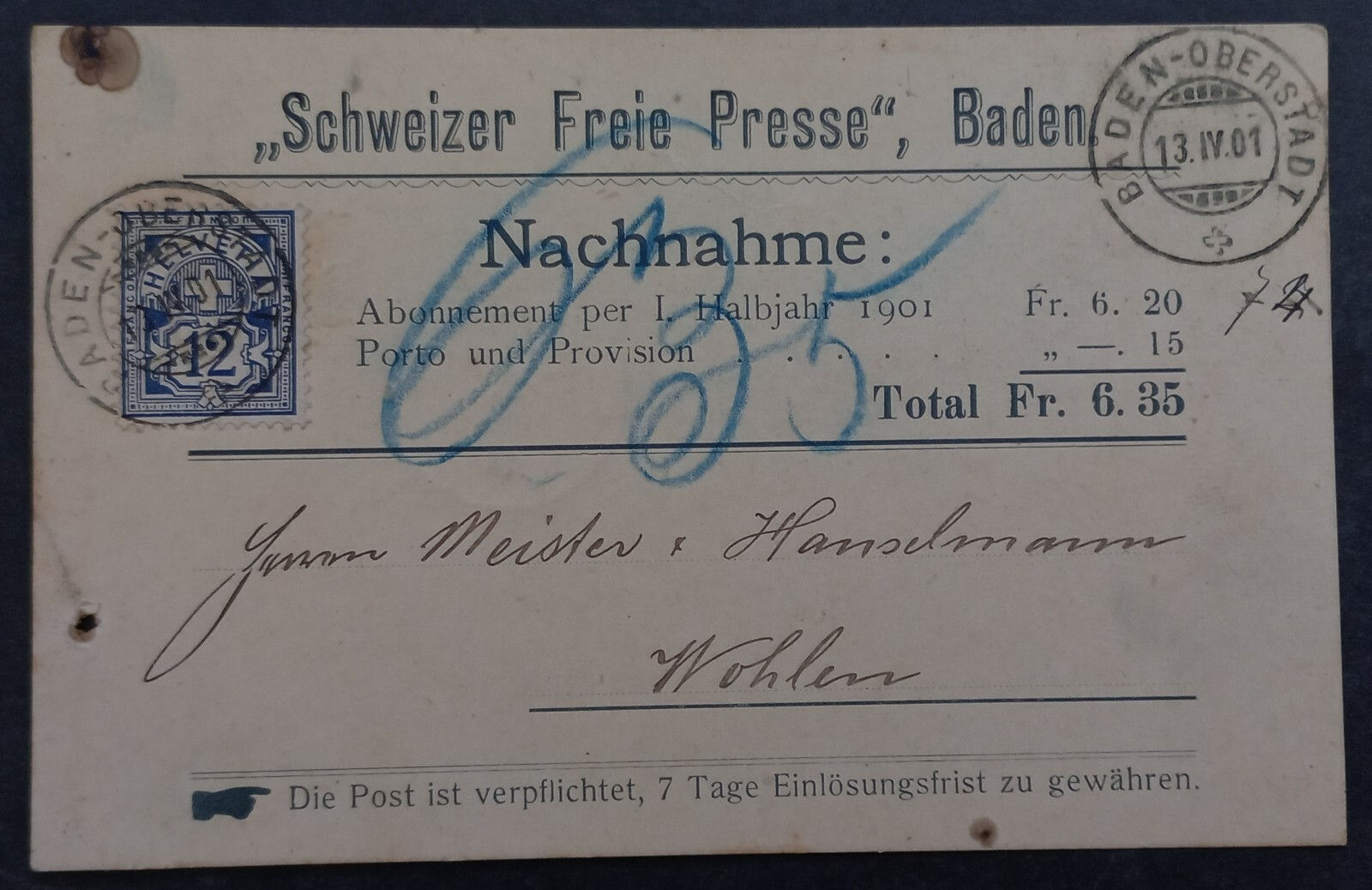 1901 Switzerland Free Press, Baden Postcard 12c Stamp cd Baden, Oberstadt