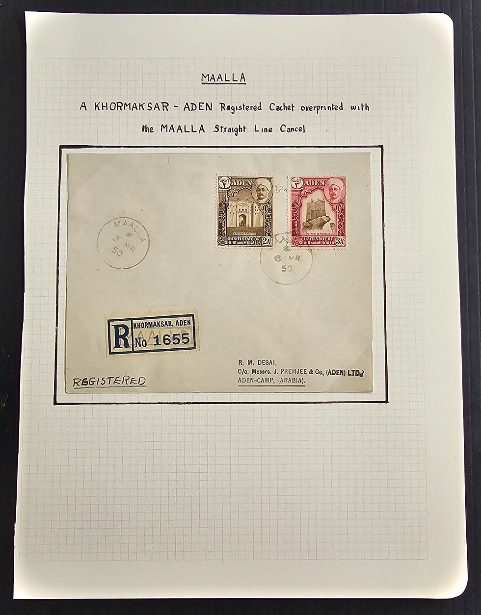 1950 Aden (Mukalla) Registered Cover ties 2 stamps cd Maalla-Aden Camp