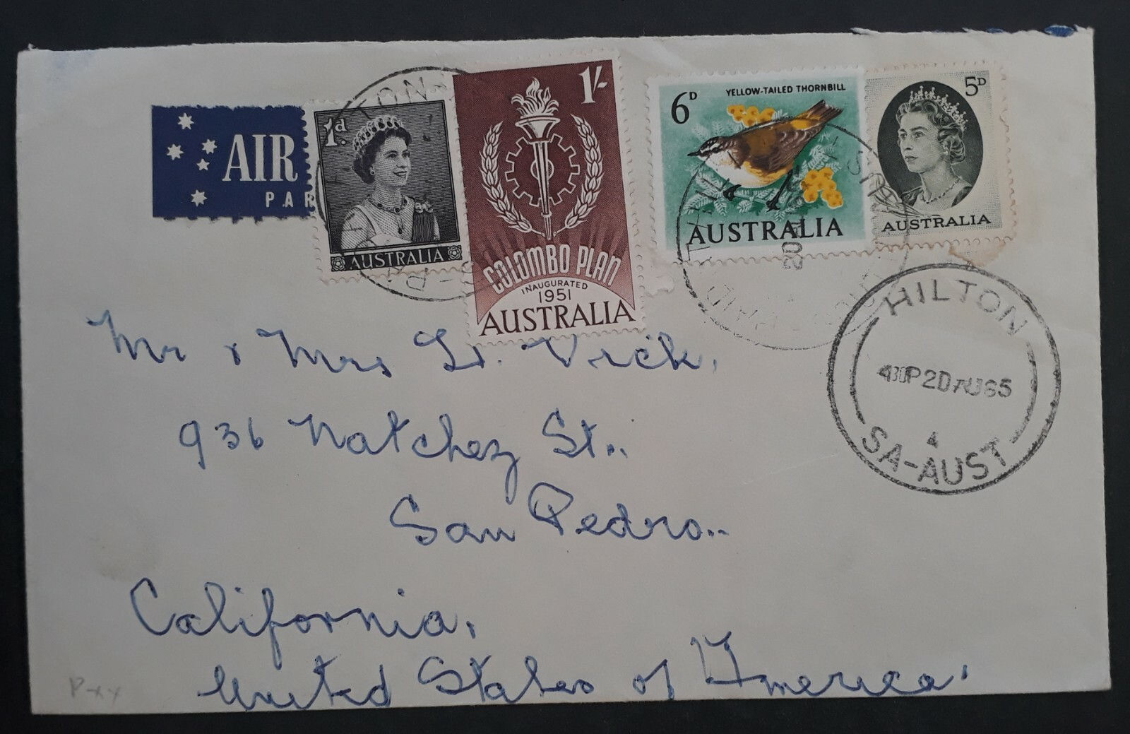1965 Australia Cover to USA - PAID AT HILTONSOUTH AUST cancel