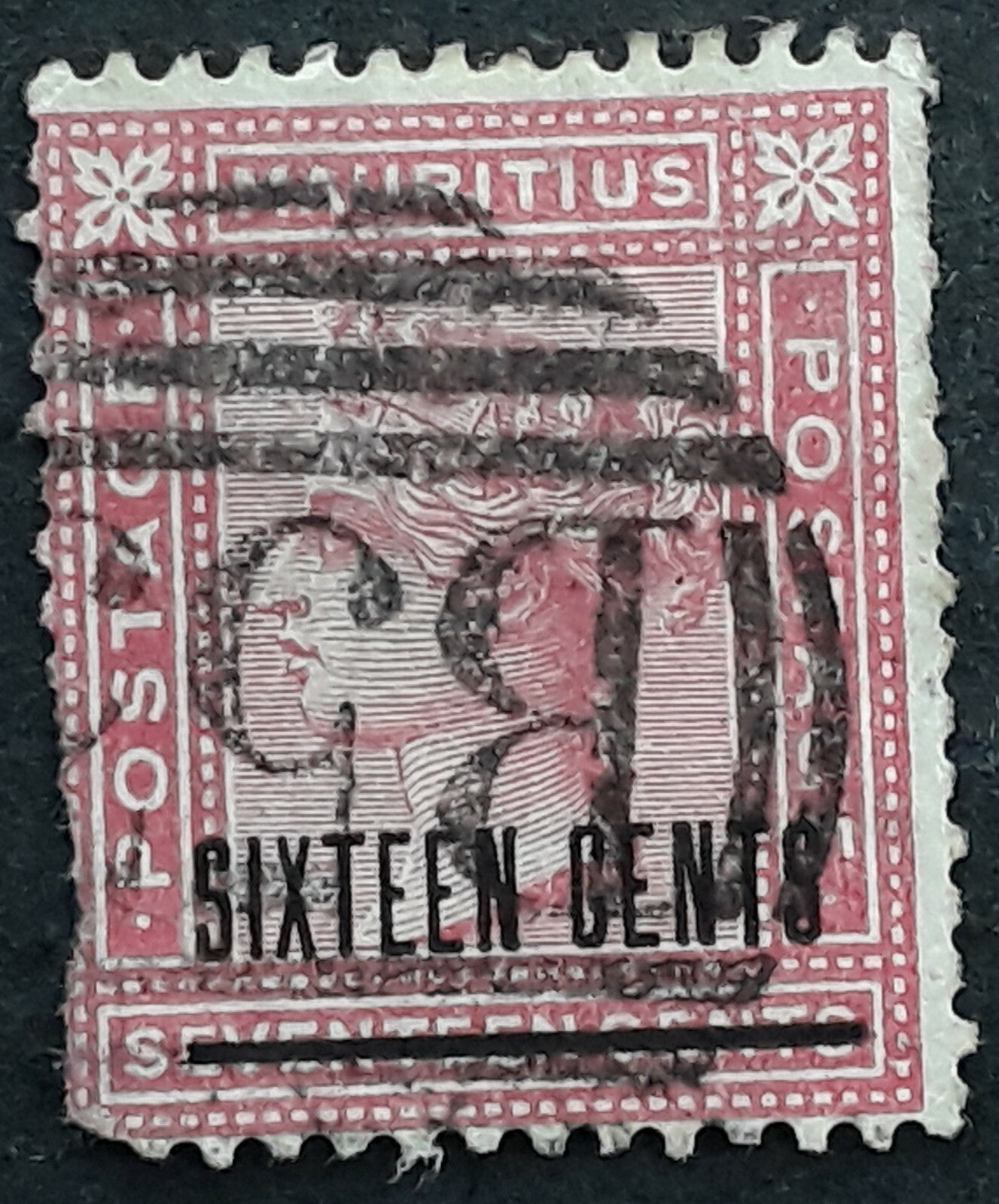 c.1883- Mauritius 16c on 17c rose QV stamp with "B53" grid cancel