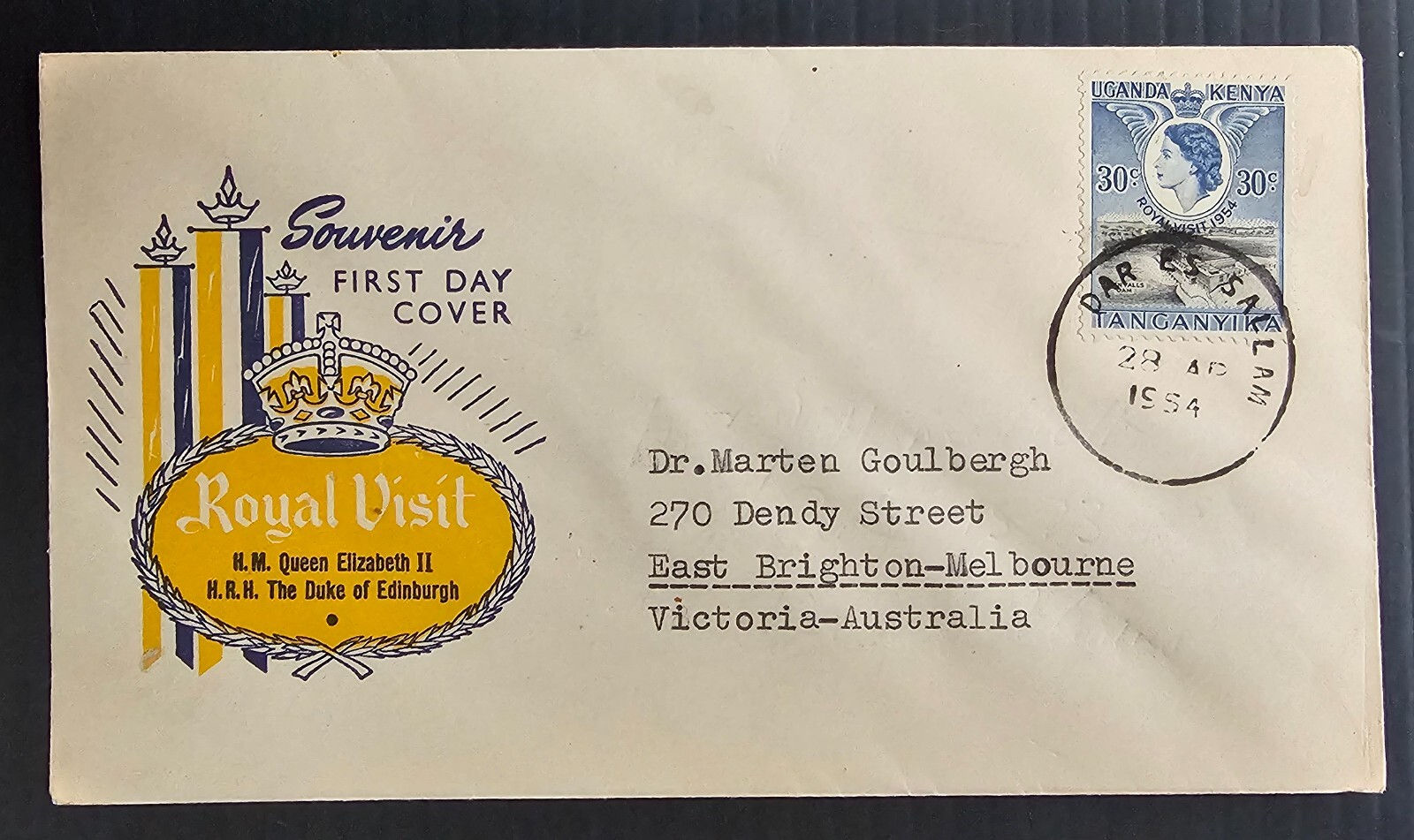 1954 Kenya Uganda Tanganyika Royal Visit FDC 30c stamp cd Dar es Salam