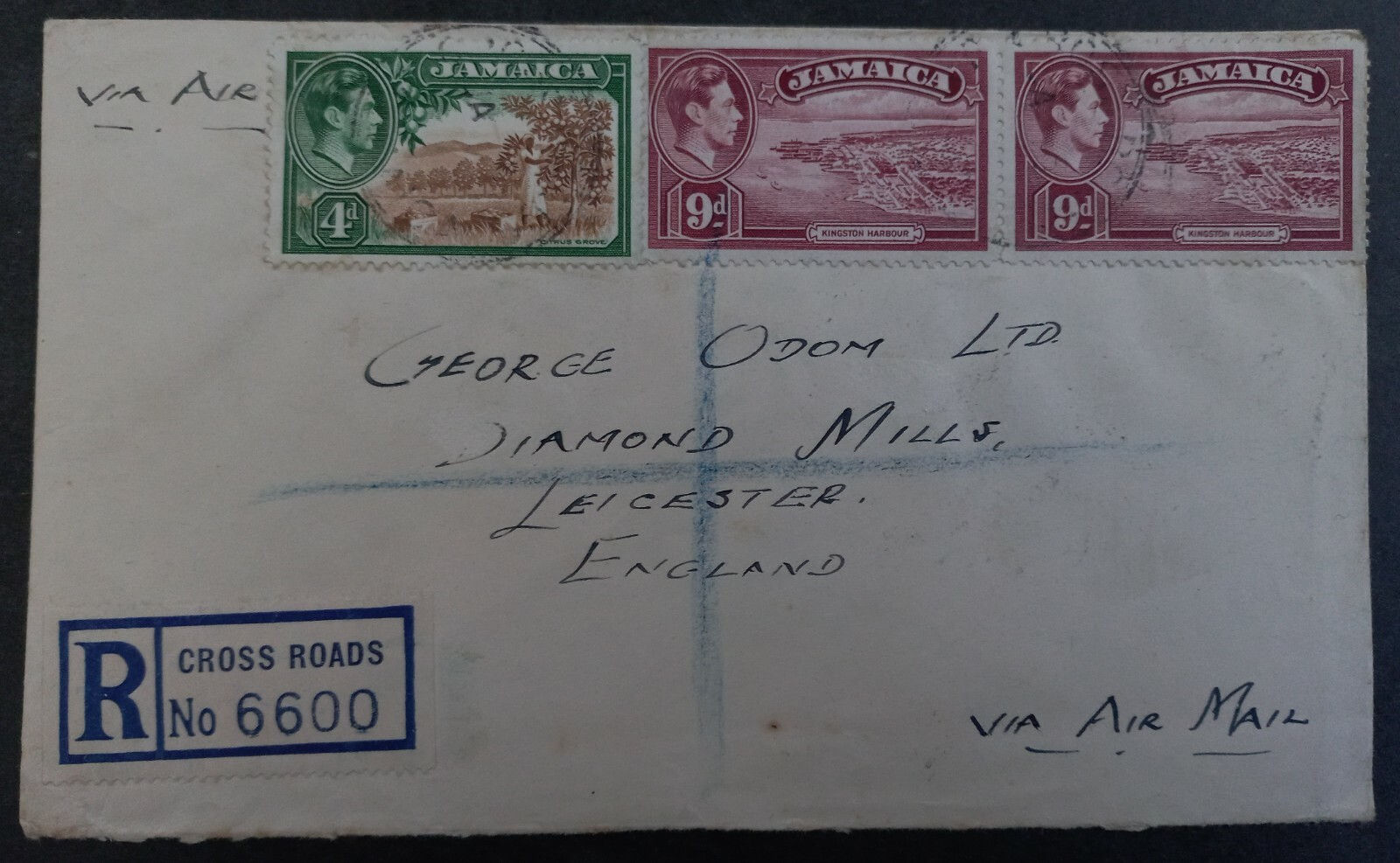1954 Jamaica Registered Cover ties 3 Stamps cd Cross Roads-Leicester