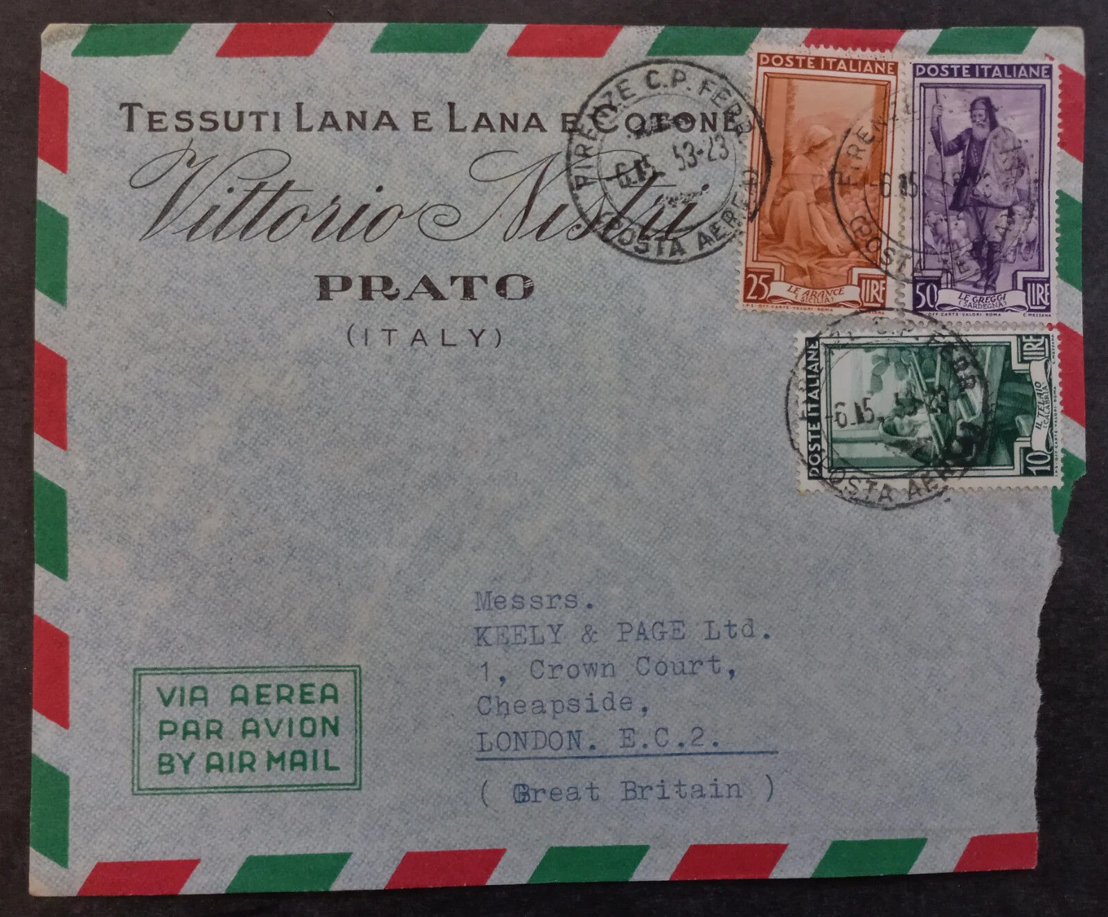 1953 Italy Airmail Cover ties 3 stamps canc Firenze to London