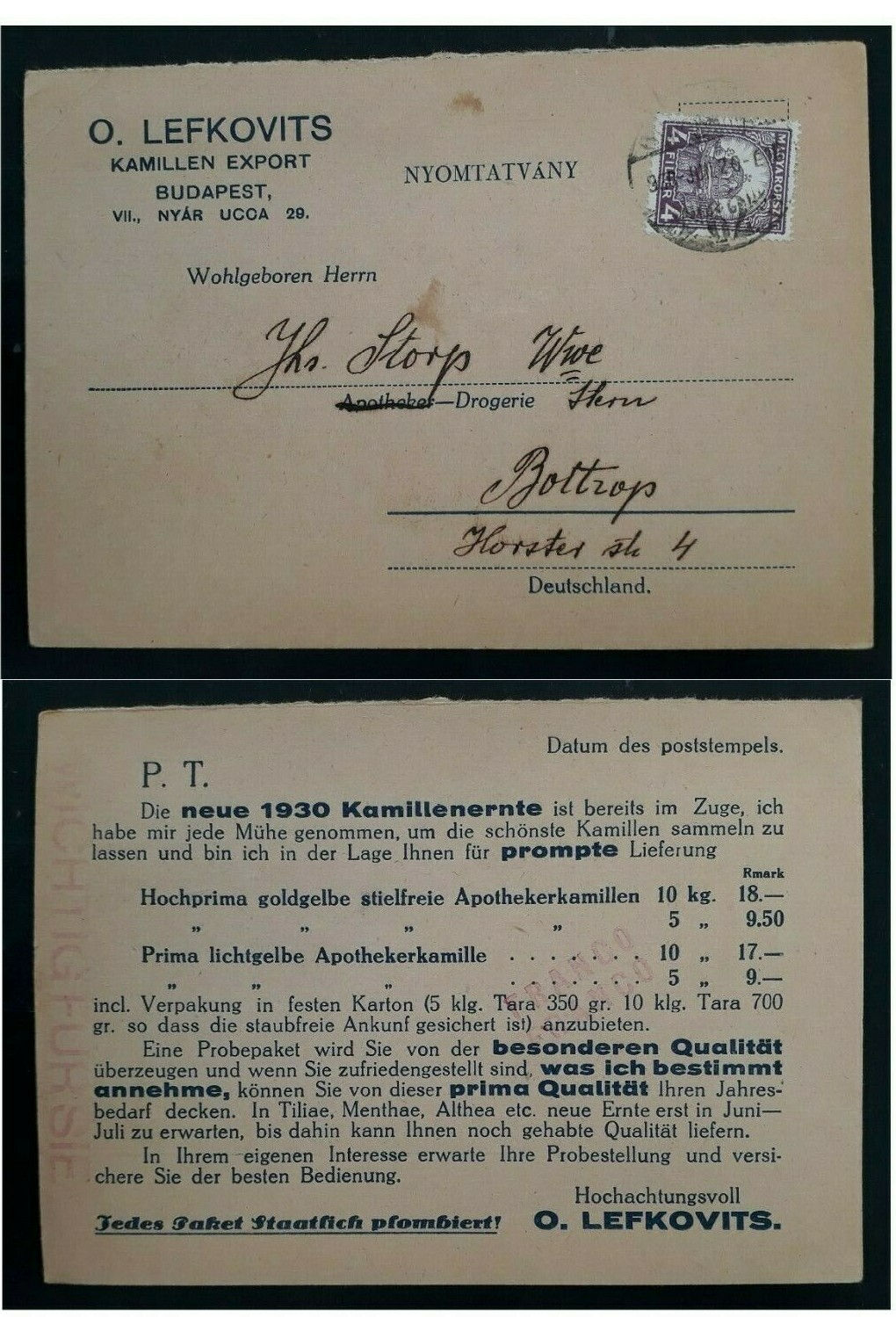 1930 Hungary Commercial Postcard ties 4F Crown stamp canc Budapest to Bottrop