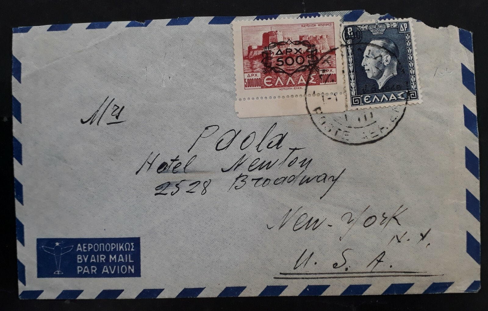 c. 1946 Greece Airmail Cover ties 2 stamps canc Athens to New York USA