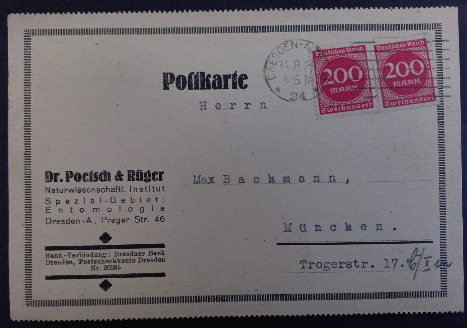 1923 Germany Postcard ties 2 stamps cd Dresden-Munchen