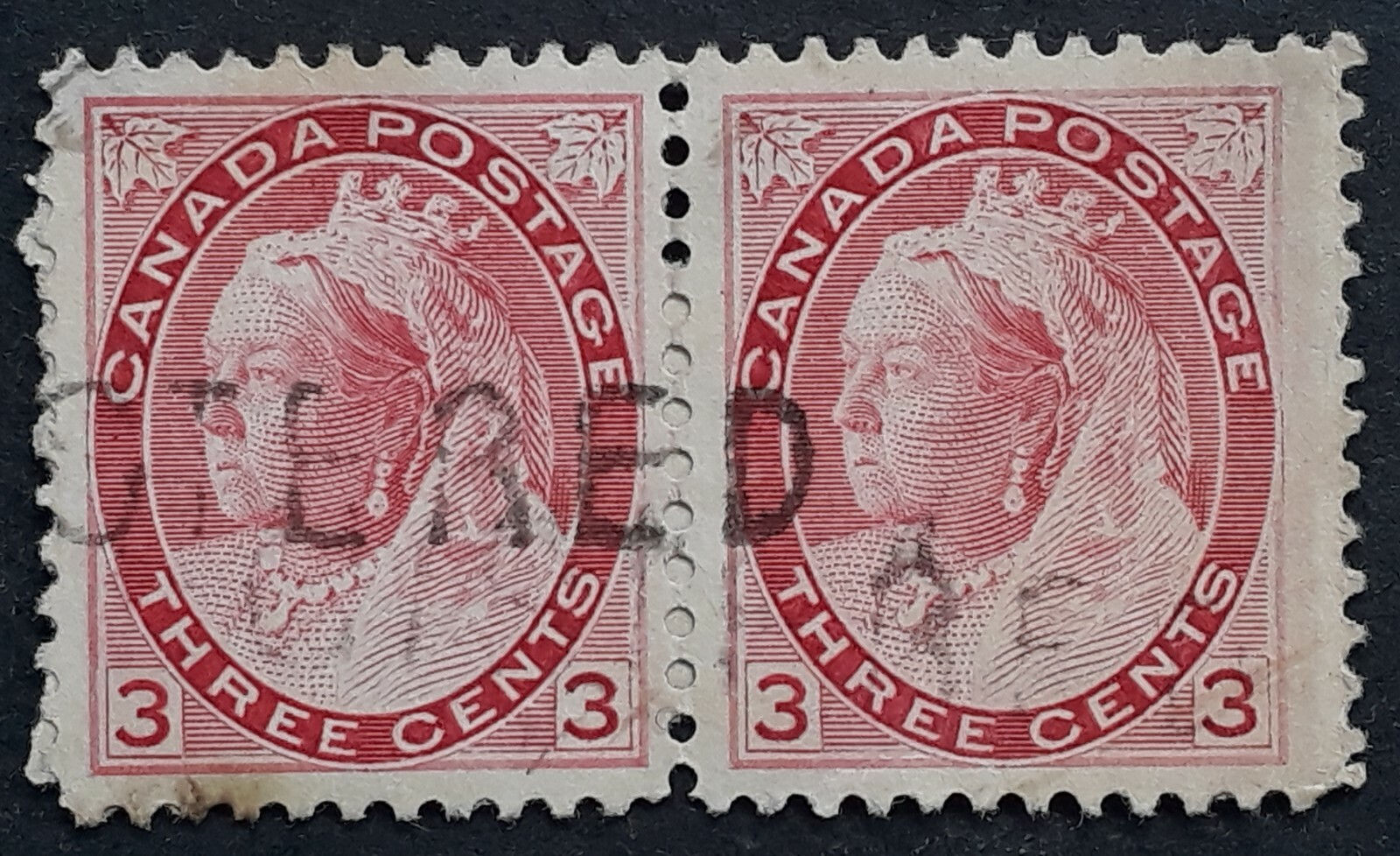 Undated Canada pair 3c Carmine QV Stamps Straight line REGISTERED Cancel