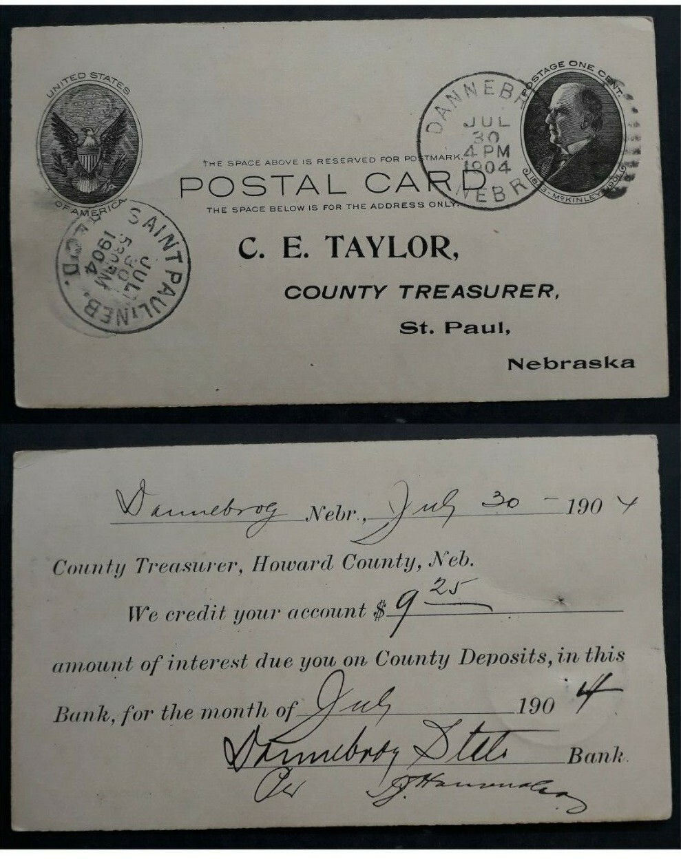 1904 United States Dannebrog State Bank 1c Stamped Postcard duplex cd.