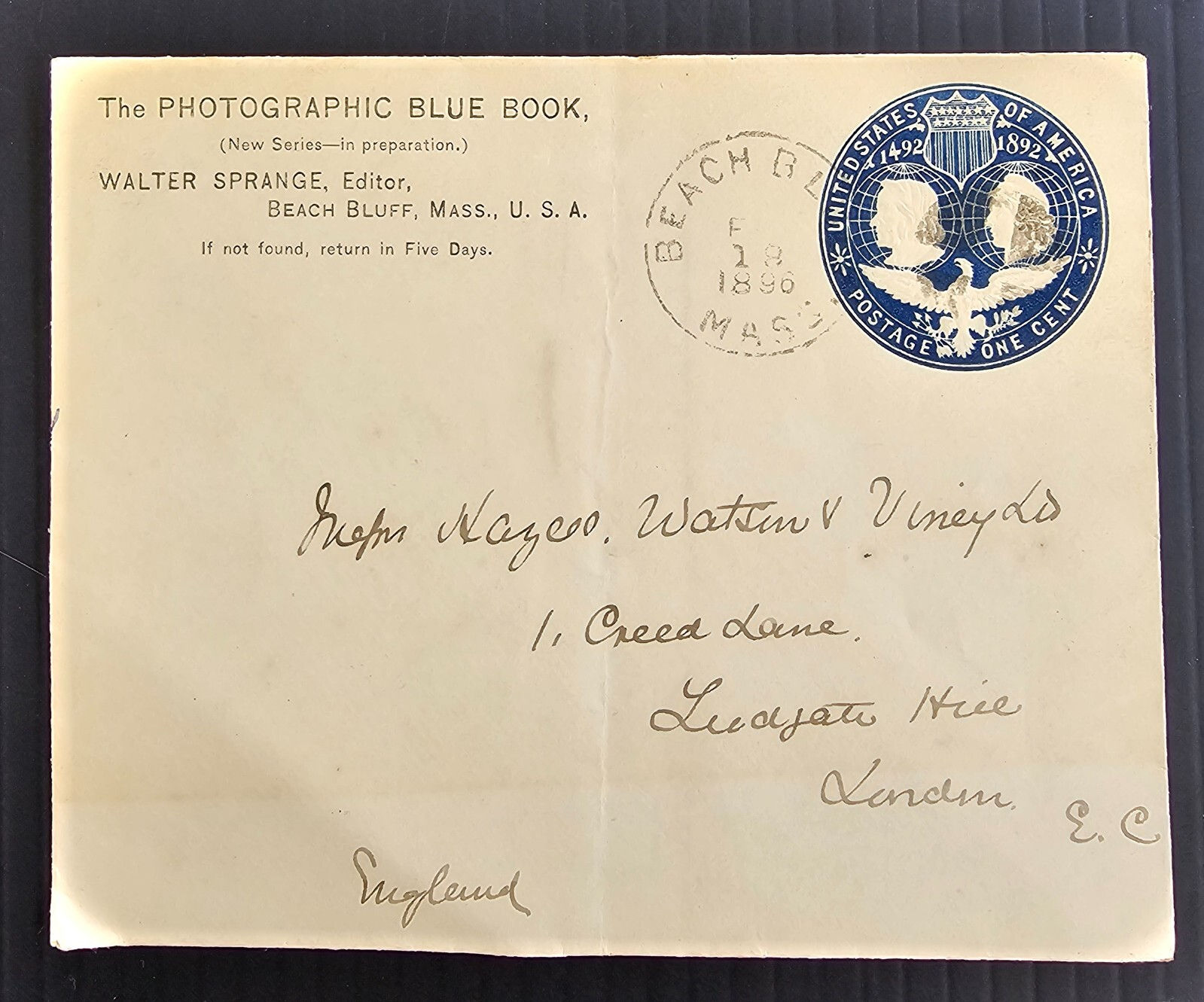 1896 United States 1c stamped Photo Blue Book Cover cd Beach Bluff-London