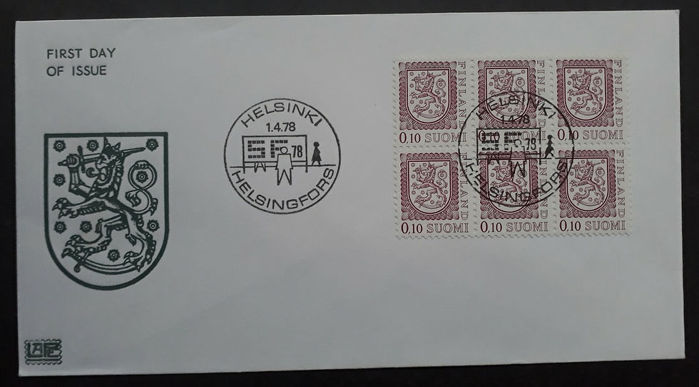 1978 Finland Reddish Purple Lion FDC ties 6 Stamps cd Helsinki