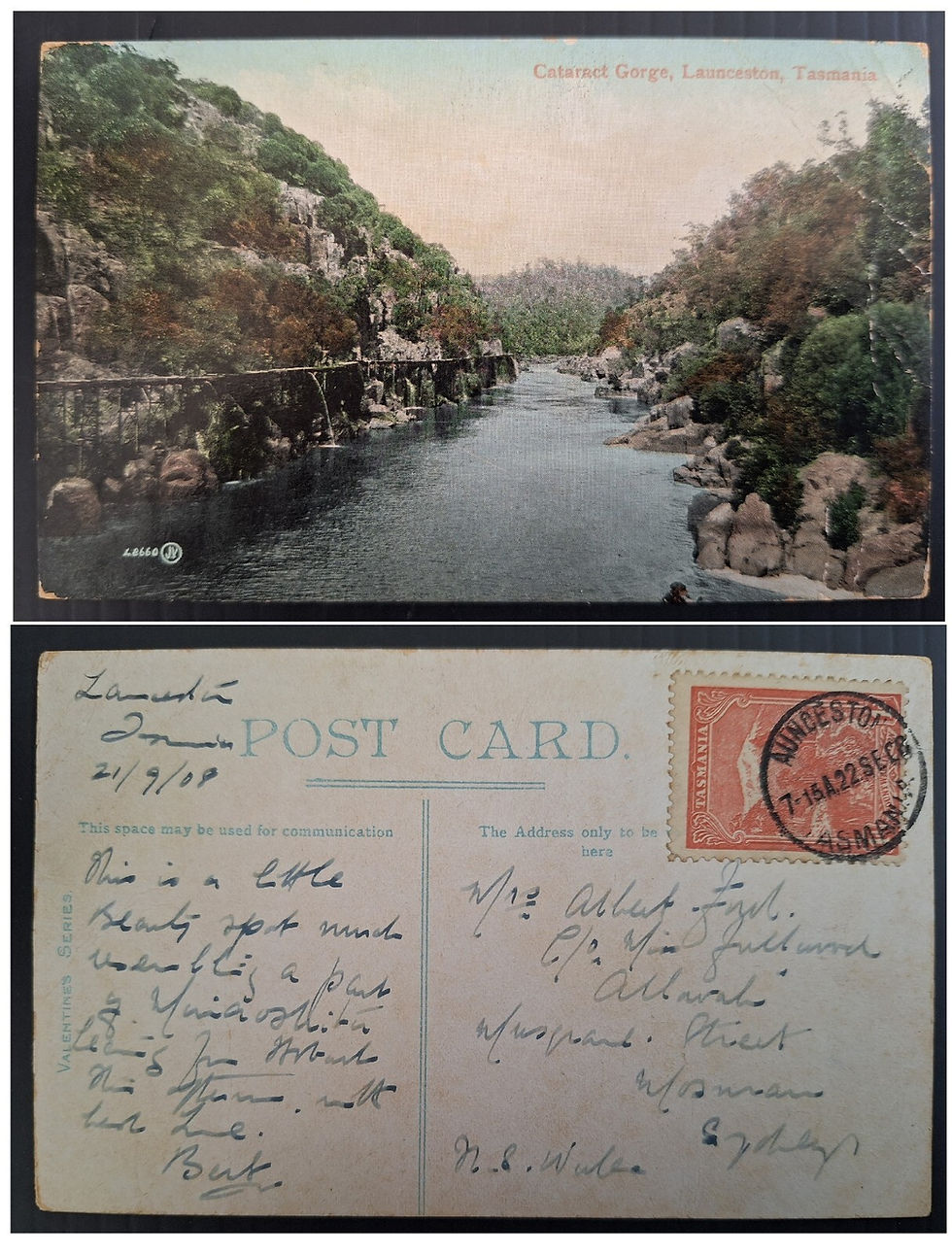 1908 Tasmania Australia Postcard Launceston to Mosman NSW Cataract Gorge Scene