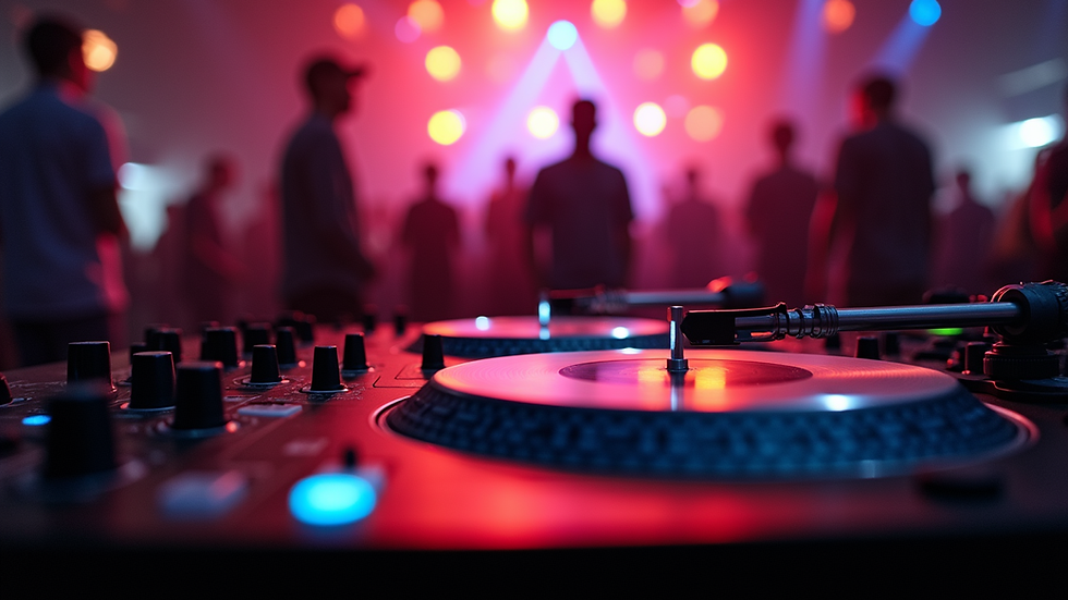 Eye-level view of DJ setup with turntables and mixer at a local event