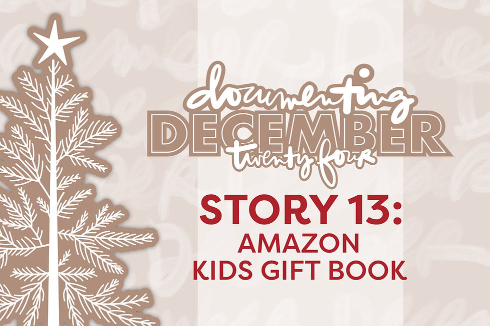 Illustrated beige and white Christmas tree with a star. Text reads "documenting December twenty-four" and "Story 13: Amazon Kids Gift Book."