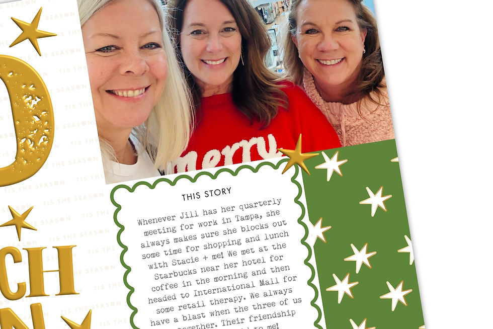 Three women smiling, one in a red "merry" sweater. A decorative background with stars and a typed story about meeting in Tampa.