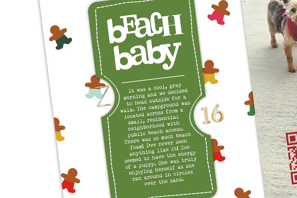 Green tag with white "beach baby" text and narrative, surrounded by colorful gingerbread figures. Dog on right. Mood is playful.