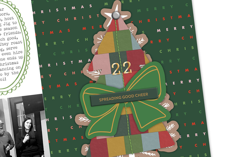 Patchwork Christmas tree with "22" and "SPREADING GOOD CHEER" text, green bow, and festive background. Circular text on the left.