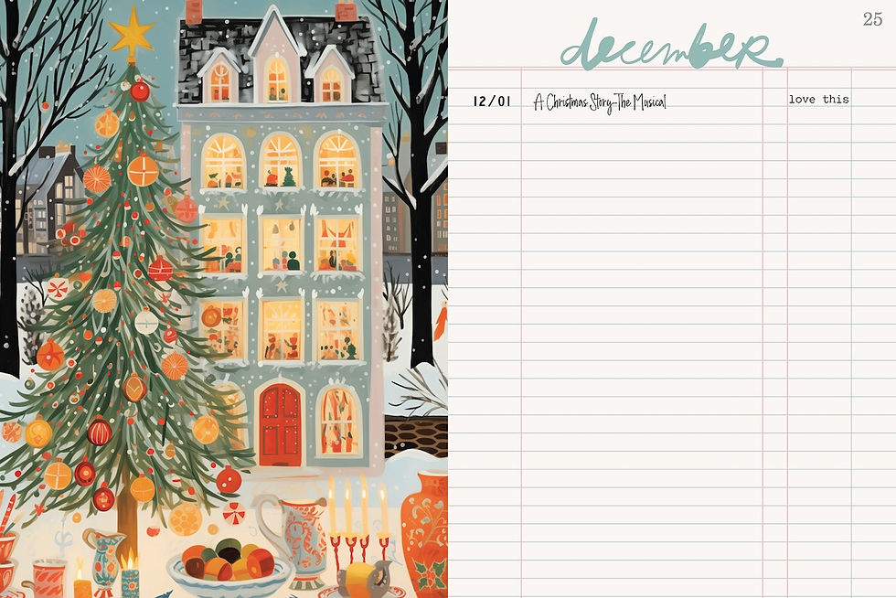 A festive December Daily 2025 table of contents spread featuring a cozy winter illustration on the left and a ledger-style story list on the right.
