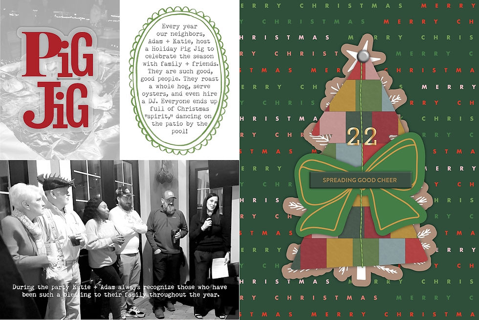 Collage with text "Pig Jig," a holiday description, and black & white photo of people at a party. Christmas tree graphic with "Spreading Good Cheer."