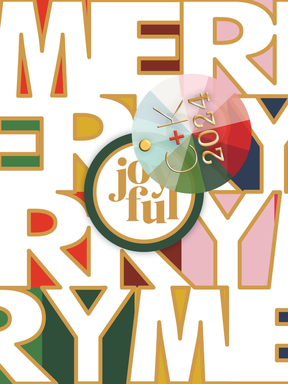 Bold letters spell "MERRY" with gold trim over a colorful background. A clock face shows "CK 2024" and "joyful" text, evoking a festive mood.