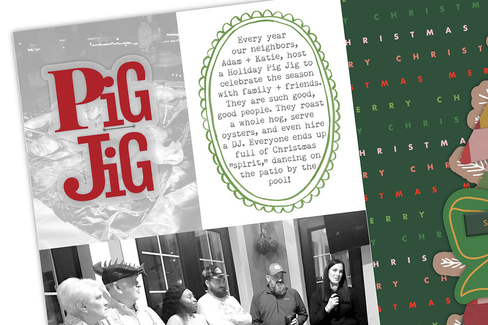 Text reads "Pig Jig". Others talk indoors; green text describes a holiday pig roast. "Merry Christmas" pattern on the right. Festive mood.