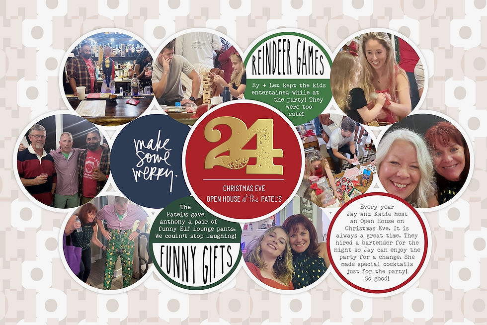 Collage of Christmas Eve party with people playing games, exchanging gifts, and socializing. Text includes "24," "Make Some Merry."